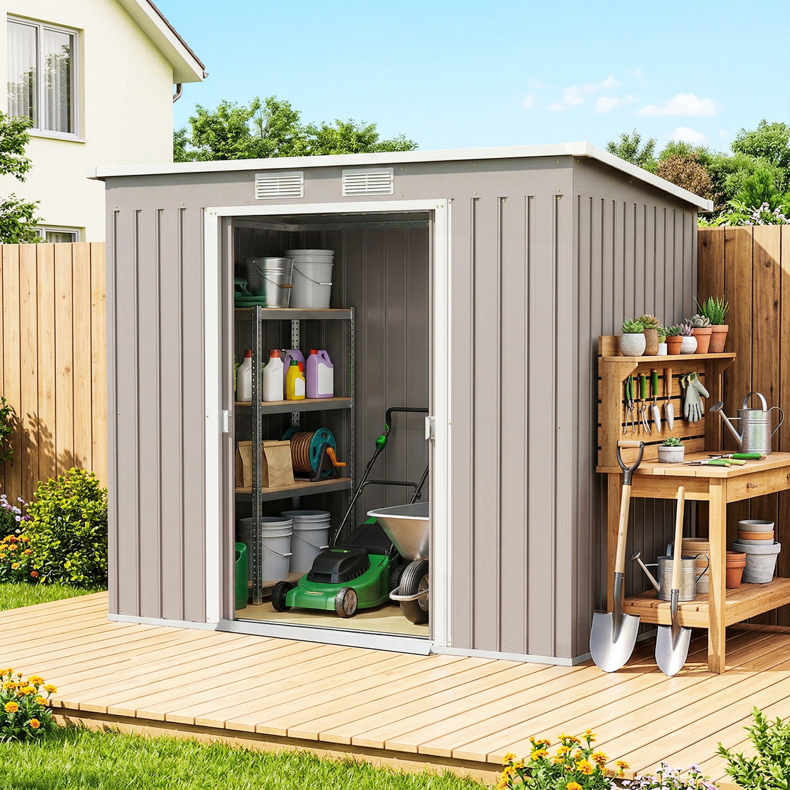 Abrigo de jardim 213x130x172 cm abrigo de exterior de aço galvanizado com porta corredeira para armazenamento cinza claro