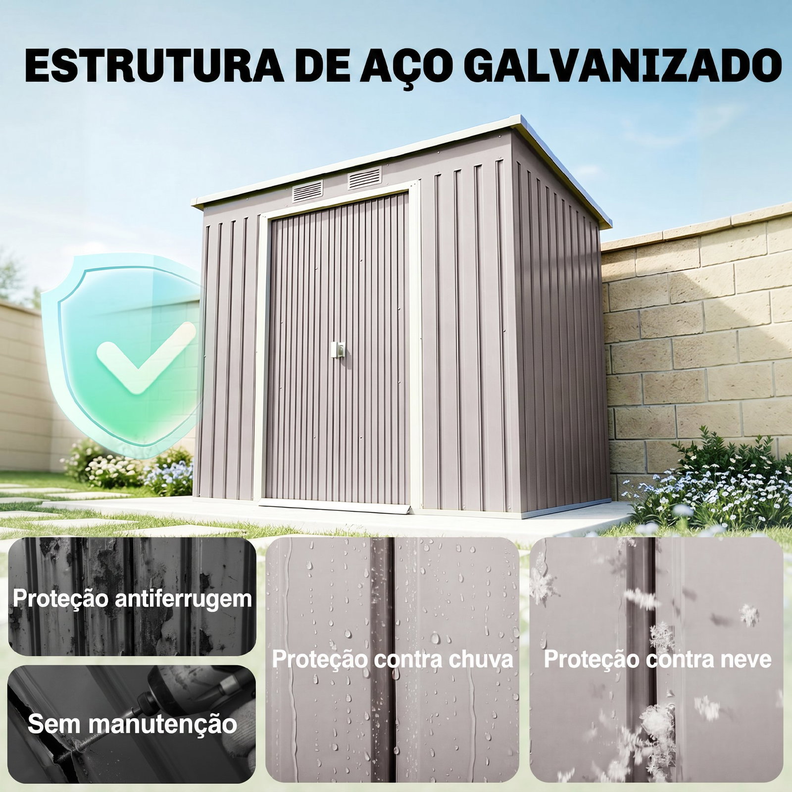 Abrigo de jardim 213x130x172 cm abrigo de exterior de aço galvanizado com porta corredeira para armazenamento cinza claro