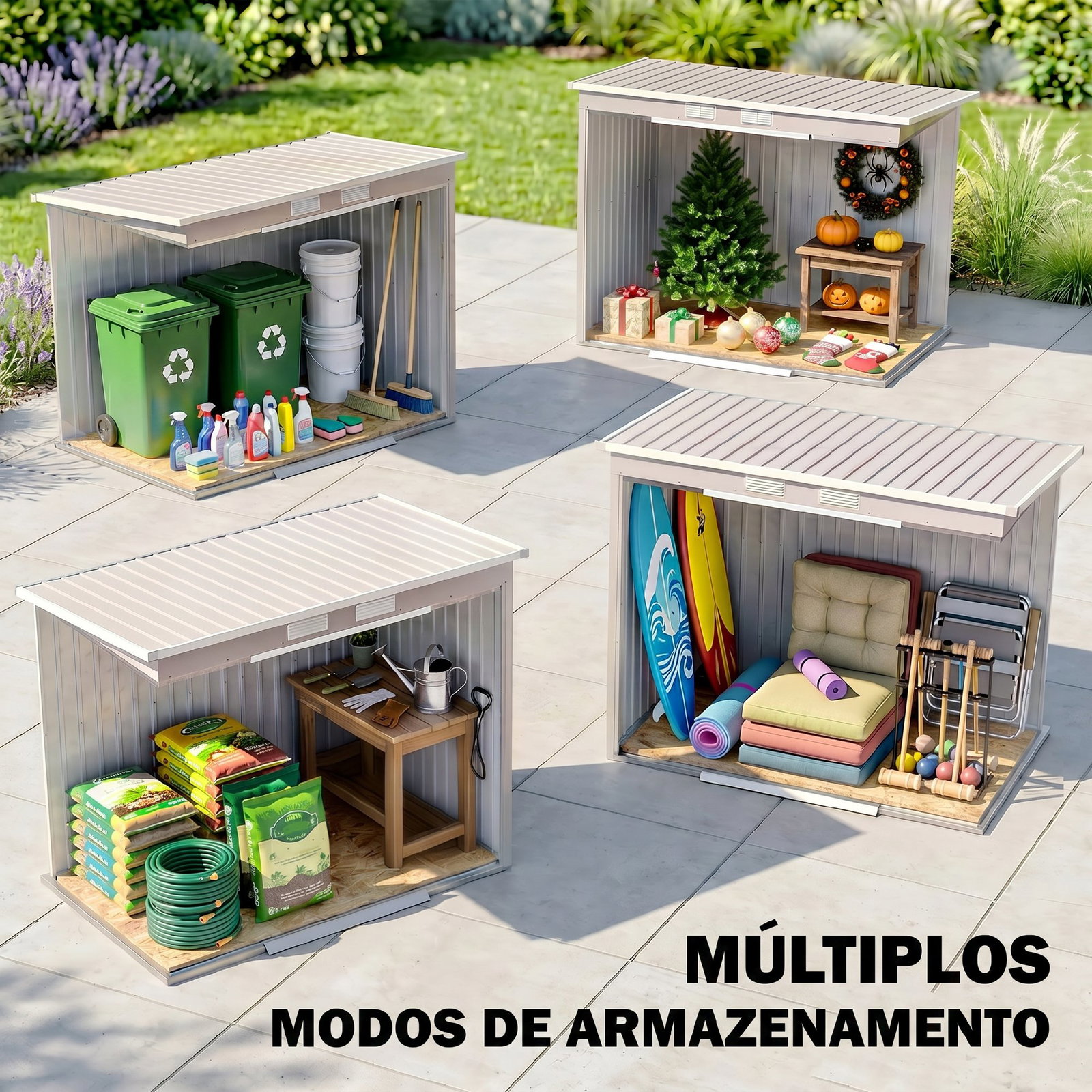 Abrigo de jardim 213x130x172 cm abrigo de exterior de aço galvanizado com porta corredeira para armazenamento cinza claro