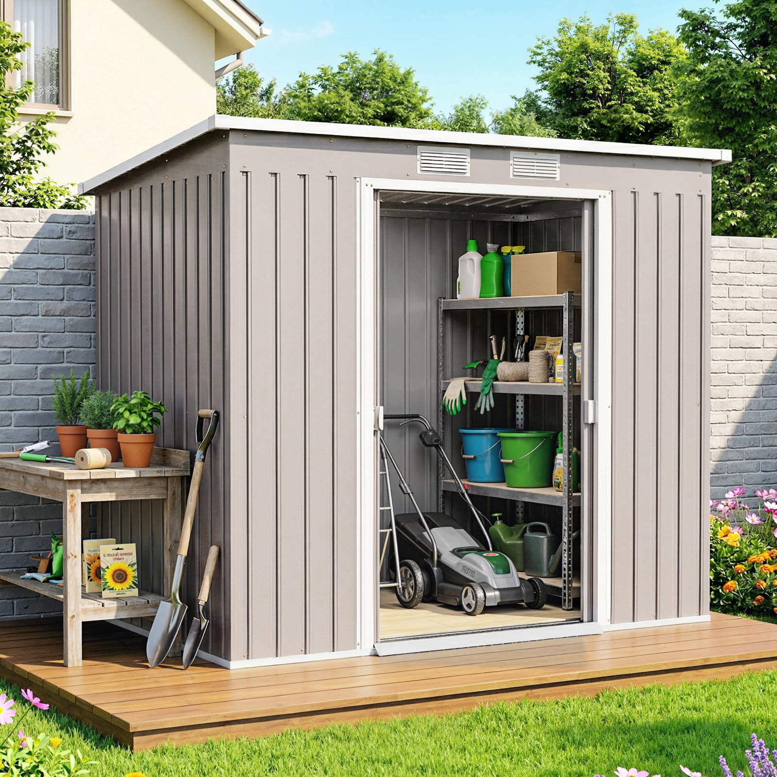 Abrigo de jardim 213x130x172 cm abrigo de exterior de aço galvanizado com porta corredeira para armazenamento cinza claro