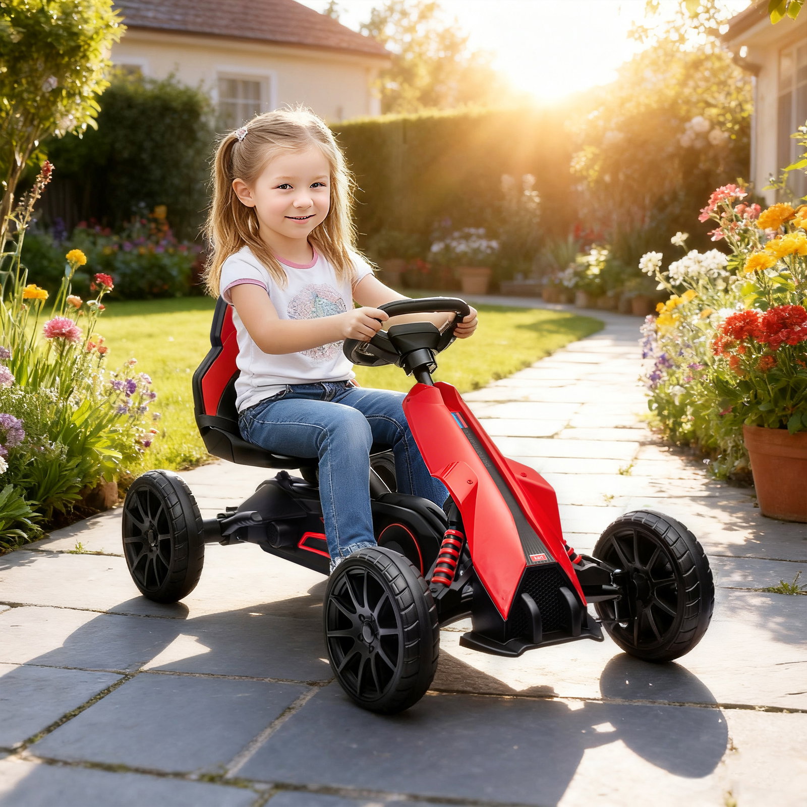 Kart a pedais para crianças com assento ajustável em 4 posições, travão de mão e rodas de eva 100x58x58,5 cm vermelho