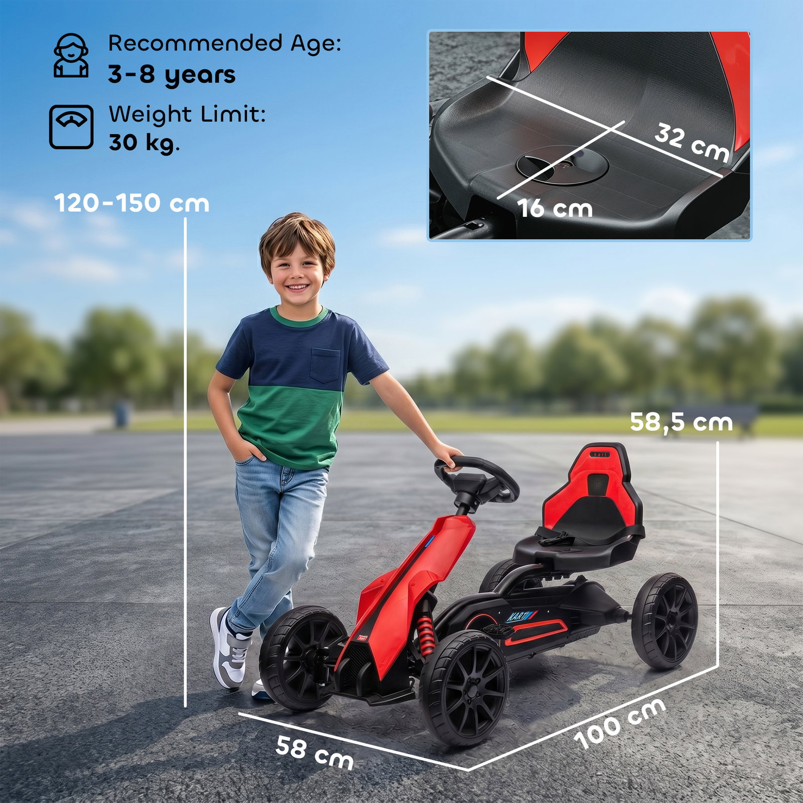 Kart a pedais para crianças com assento ajustável em 4 posições, travão de mão e rodas de eva 100x58x58,5 cm vermelho