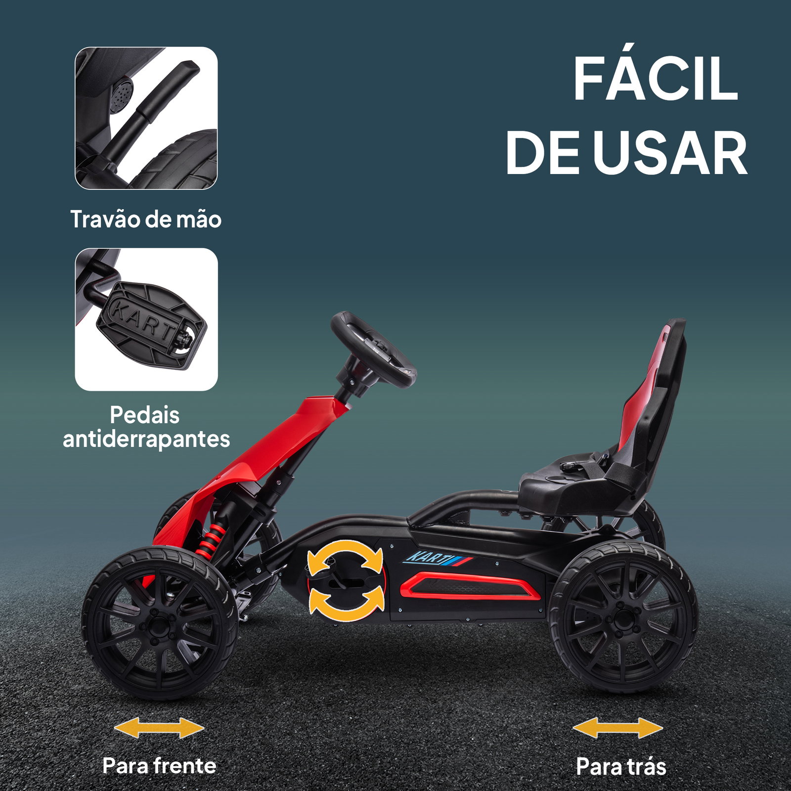 Kart a pedais para crianças com assento ajustável em 4 posições, travão de mão e rodas de eva 100x58x58,5 cm vermelho