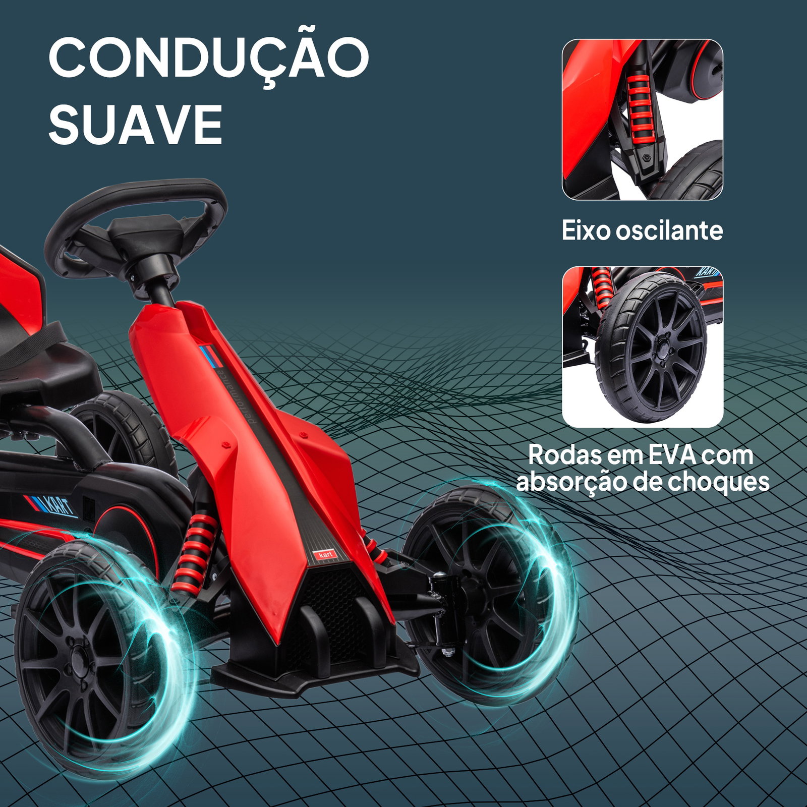 Kart a pedais para crianças com assento ajustável em 4 posições, travão de mão e rodas de eva 100x58x58,5 cm vermelho