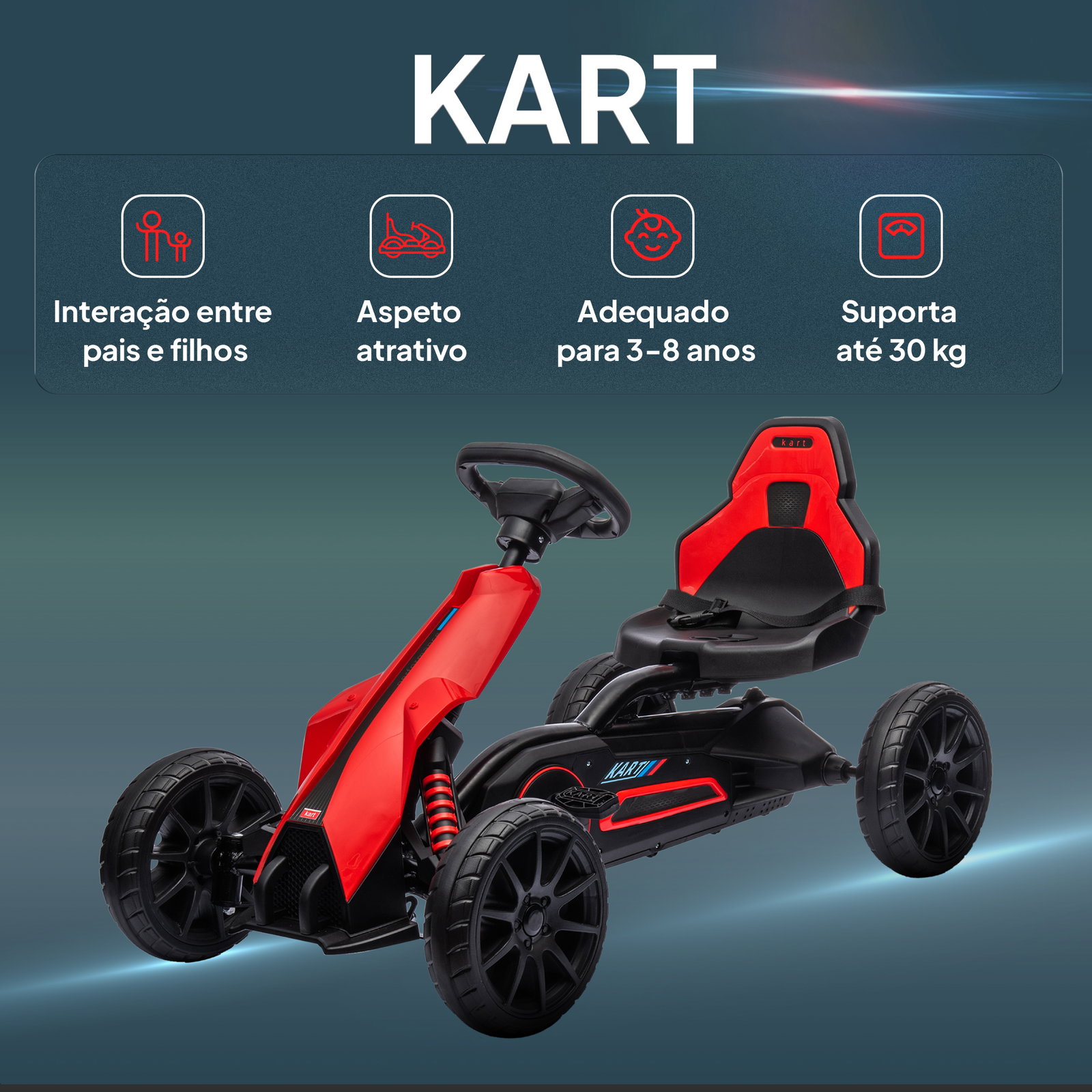 Kart a pedais para crianças com assento ajustável em 4 posições, travão de mão e rodas de eva 100x58x58,5 cm vermelho