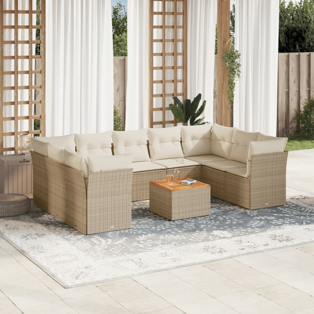 10 Pcs conjunto de sofás p/ jardim com almofadões vime PE bege