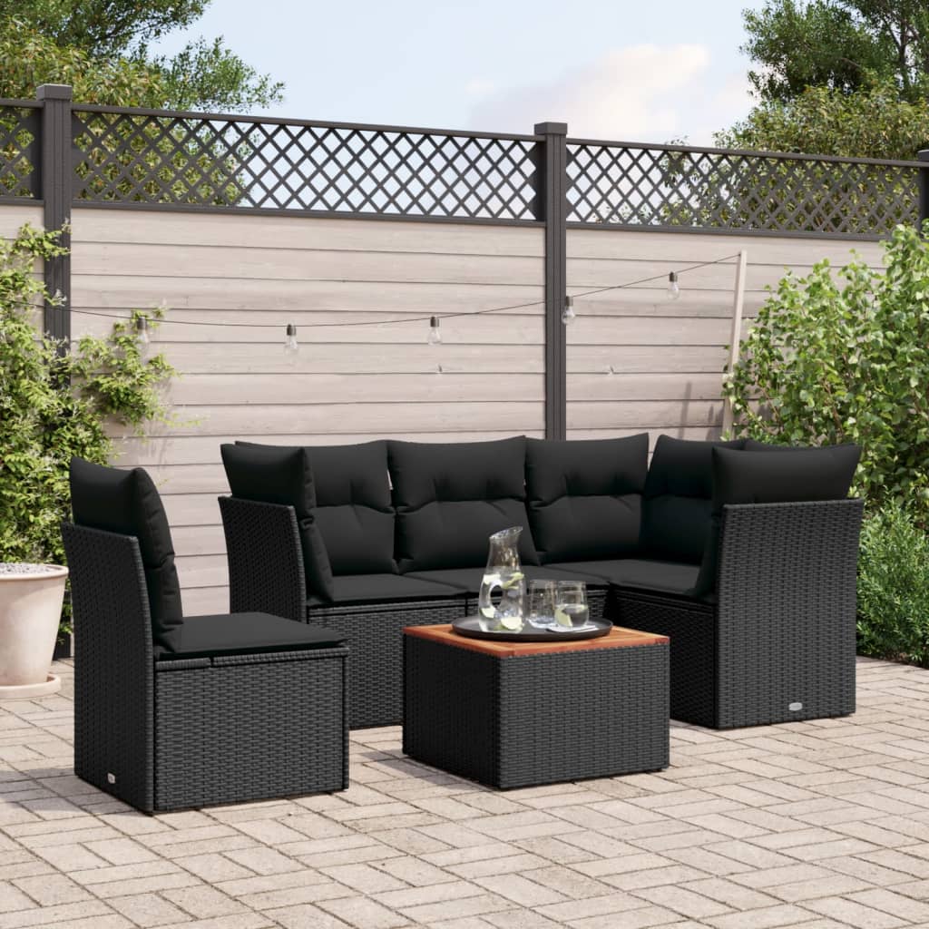 6 Pcs conjunto sofás de jardim c/ almofadões vime PE preto