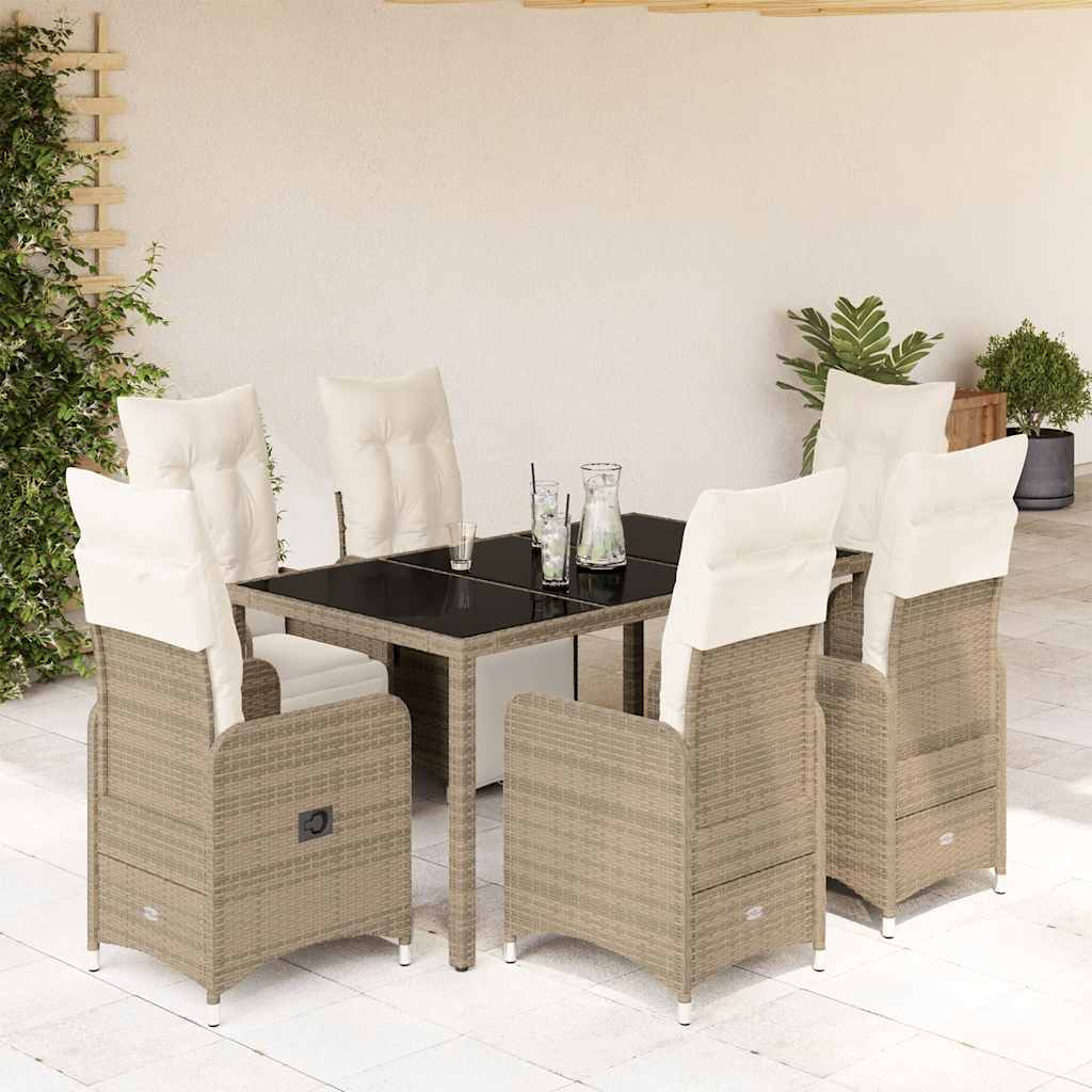 7 Pcs conjunto bistrô de jardim c/ almofadões vime PE castanho