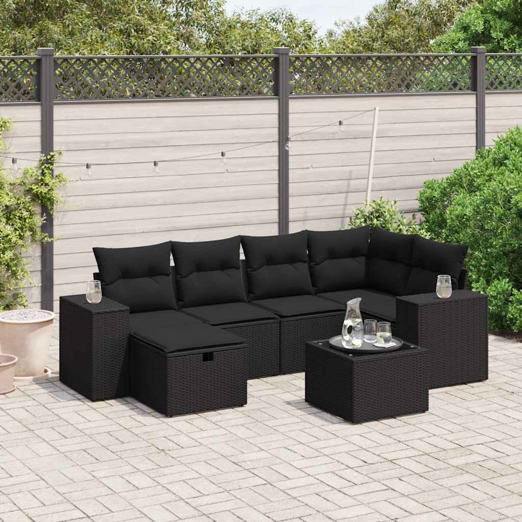 7 Pcs conjunto de sofás p/ jardim c/ almofadões vime PE preto