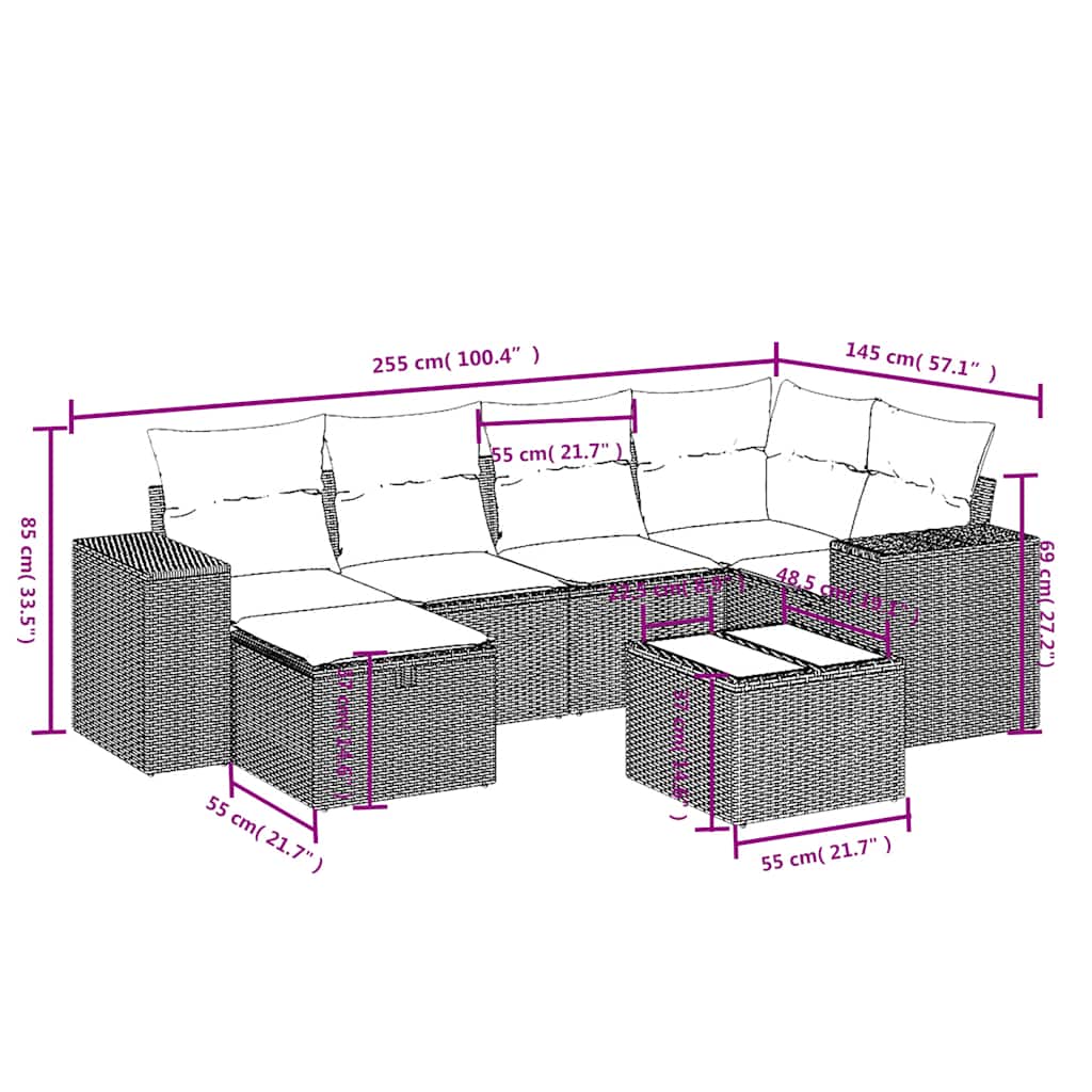 7 Pcs conjunto de sofás p/ jardim c/ almofadões vime PE preto