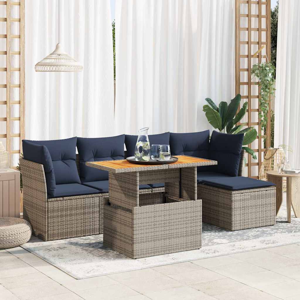 6 Pcs conjunto sofás de jardim com almofadões vime cinzento