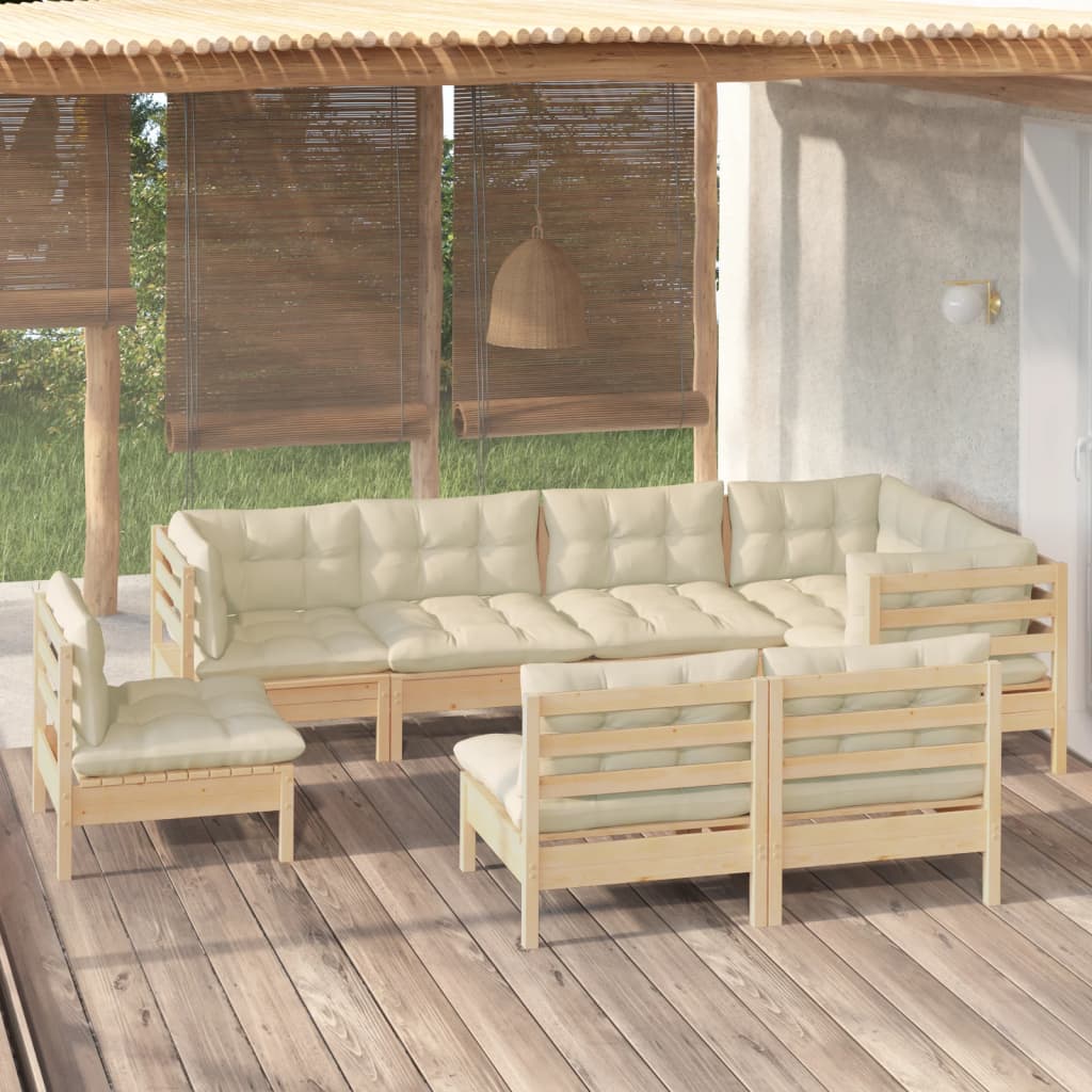8 Pcs conjunto lounge jardim c/ almofadões creme pinho maciço