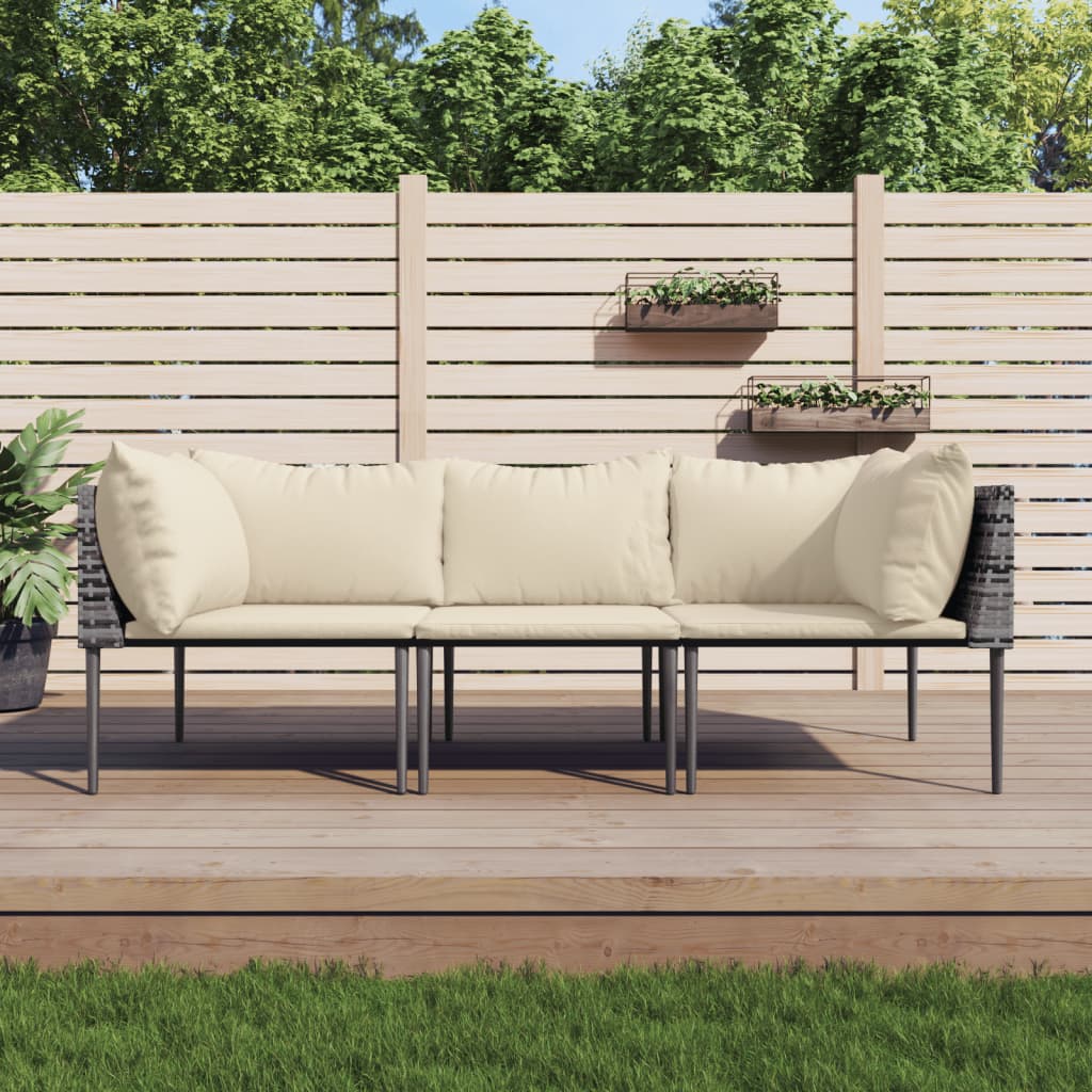 3 Pcs conjunto lounge de jardim c/ almofadões vime PE cinzento