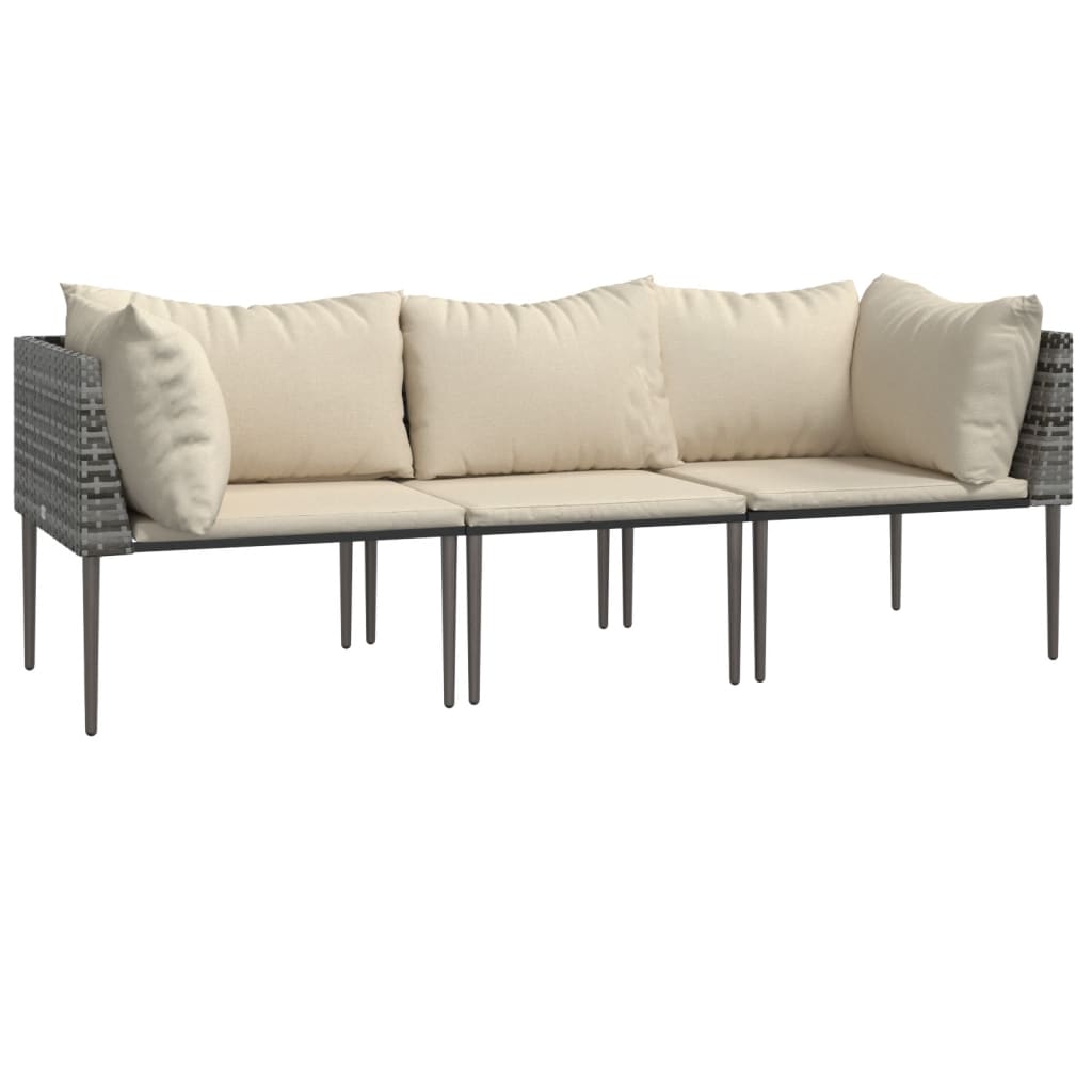 3 Pcs conjunto lounge de jardim c/ almofadões vime PE cinzento
