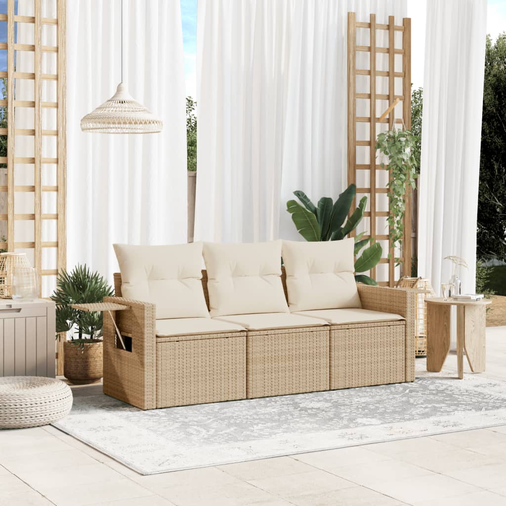 3 Pcs conjunto de sofás p/ jardim com almofadões vime PE bege