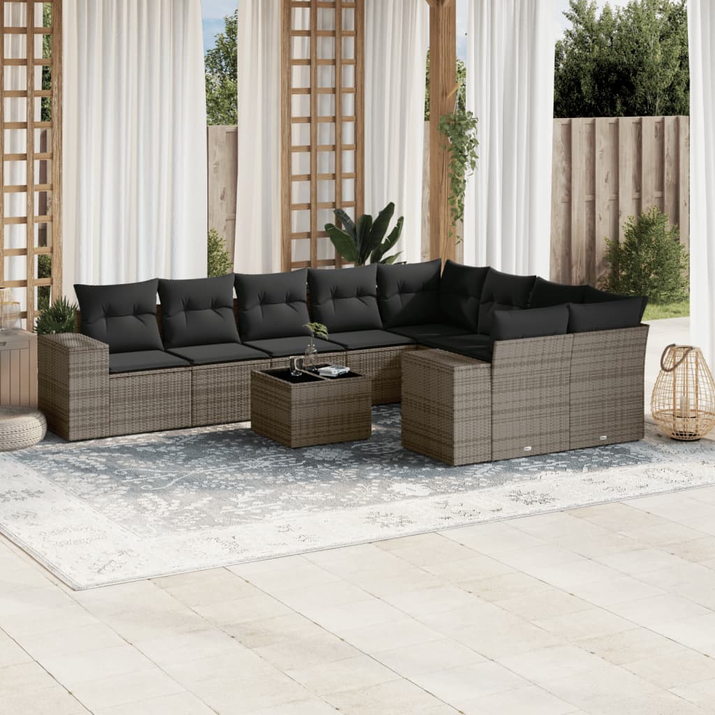 10 Pcs conjunto sofás de jardim c/ almofadões vime PE cinzento