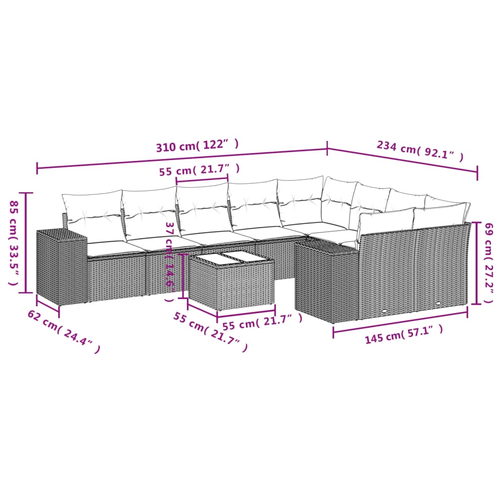 10 Pcs conjunto sofás de jardim c/ almofadões vime PE cinzento