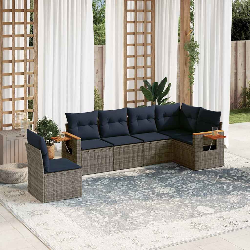 6 Pcs conjunto sofás p/ jardim c/ almofadões vime PE cinzento