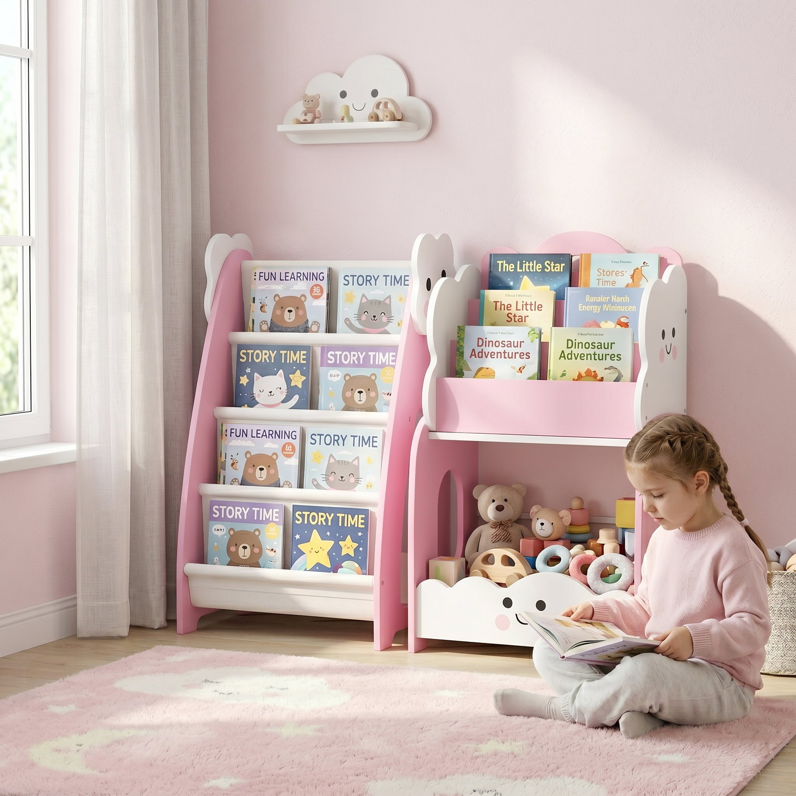 Estante infantil 3-em-1, 4 compartimentos, 3 prateleiras, mesa de cabeceira para quarto, rosa.