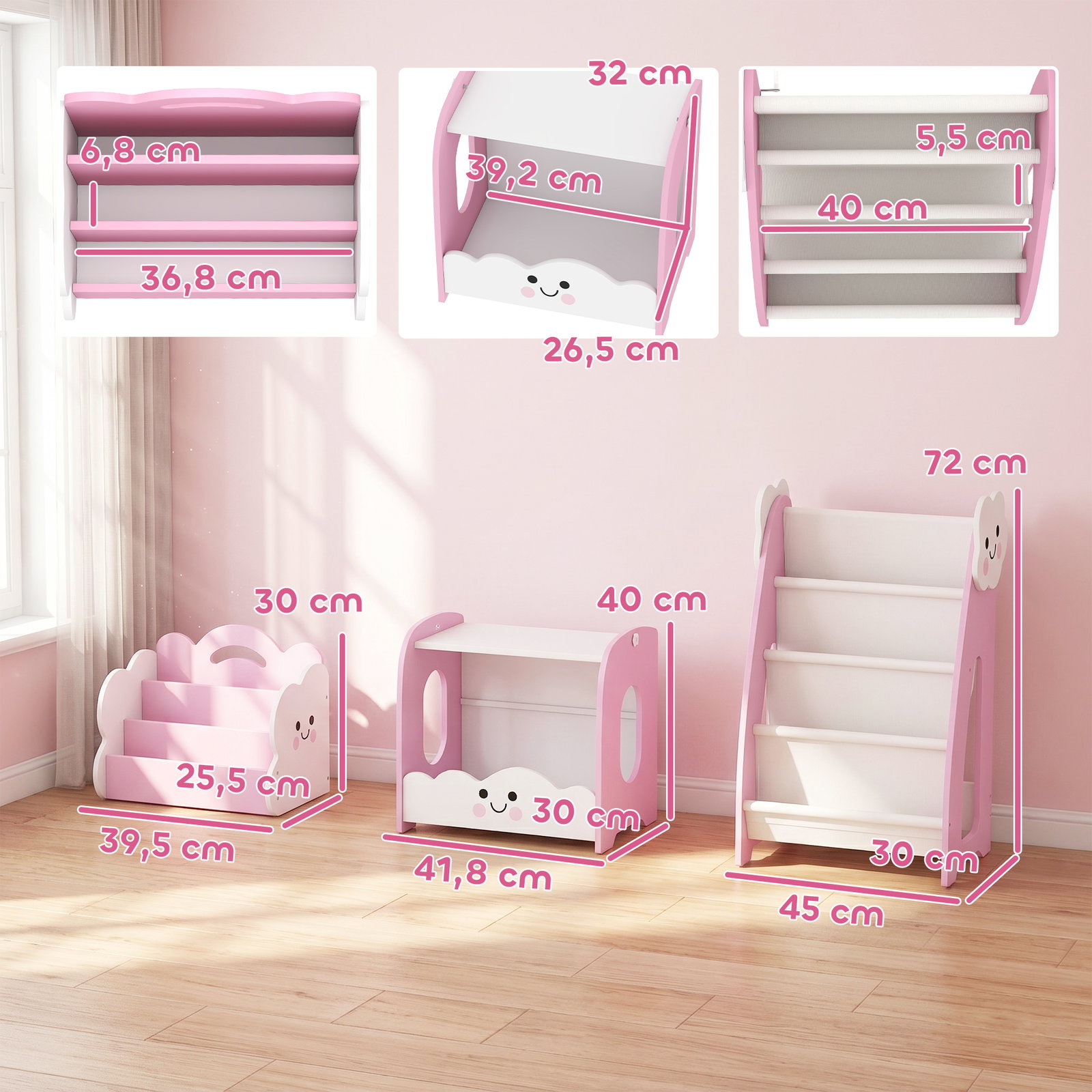 Estante infantil 3-em-1, 4 compartimentos, 3 prateleiras, mesa de cabeceira para quarto, rosa.