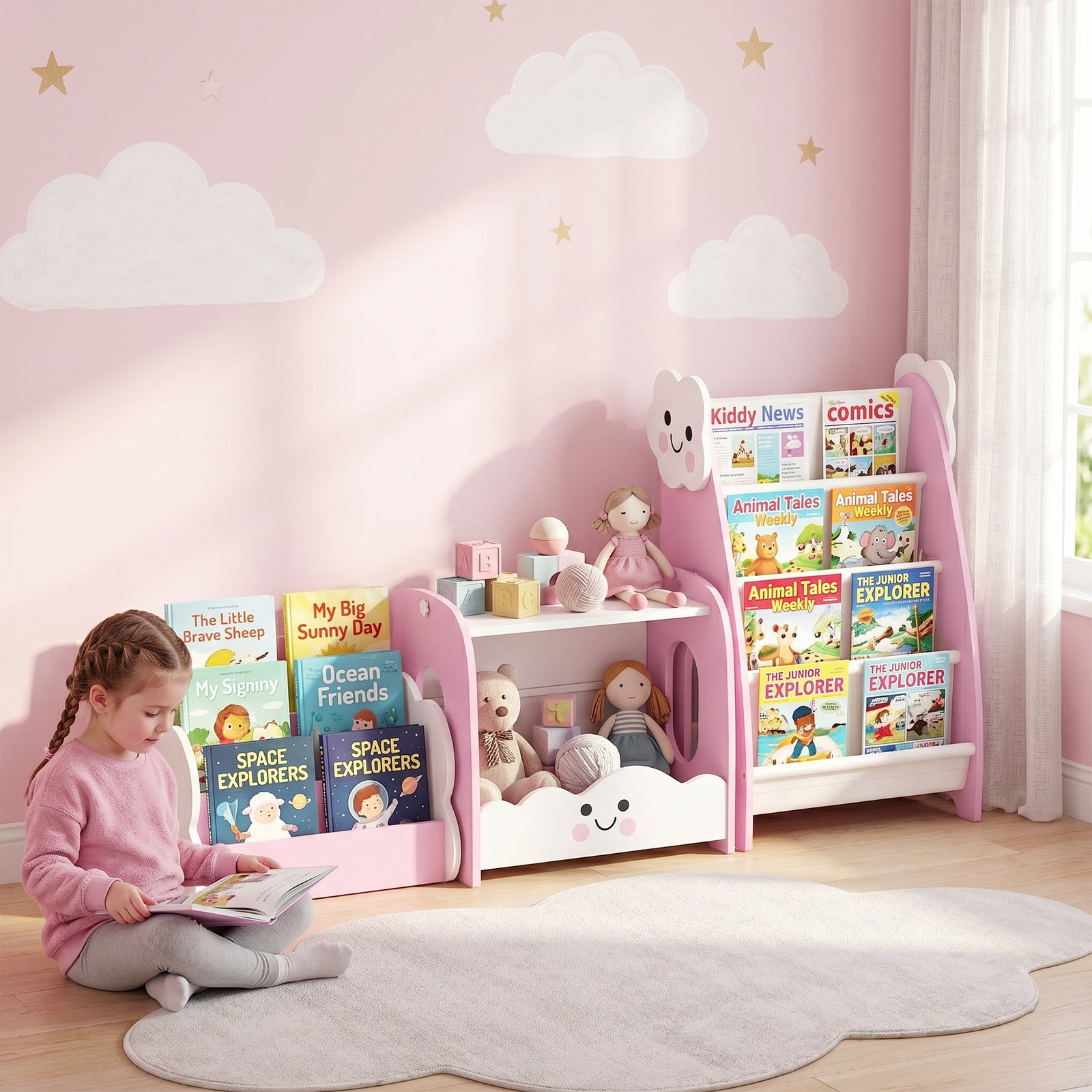 Estante infantil 3-em-1, 4 compartimentos, 3 prateleiras, mesa de cabeceira para quarto, rosa.
