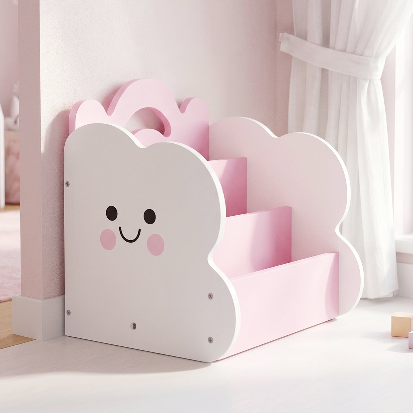 Estante infantil 3-em-1, 4 compartimentos, 3 prateleiras, mesa de cabeceira para quarto, rosa.