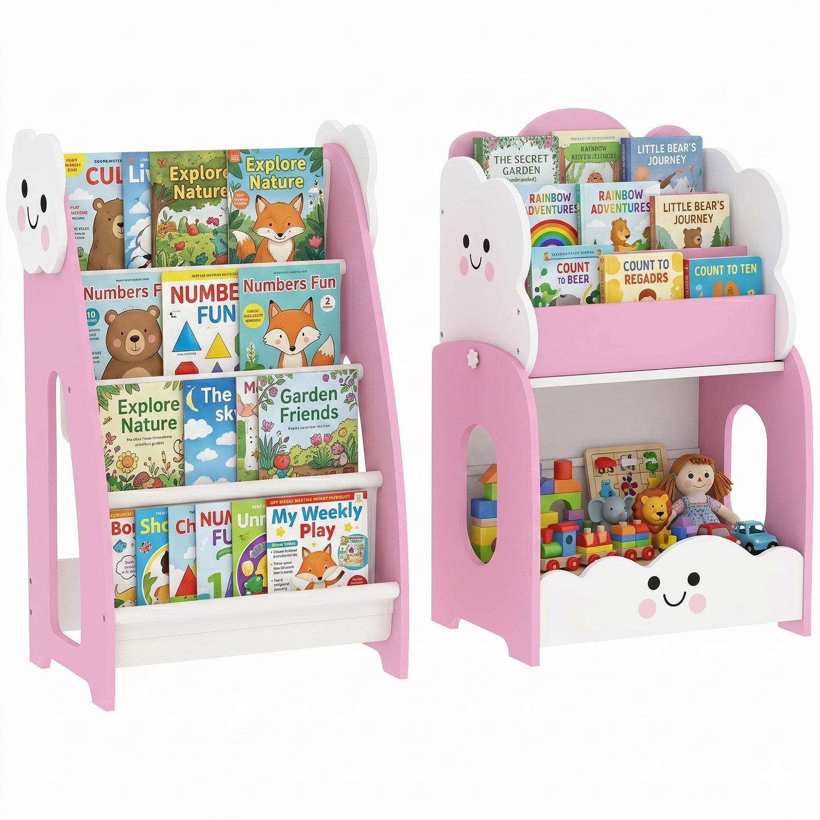 Estante infantil 3-em-1, 4 compartimentos, 3 prateleiras, mesa de cabeceira para quarto, rosa.