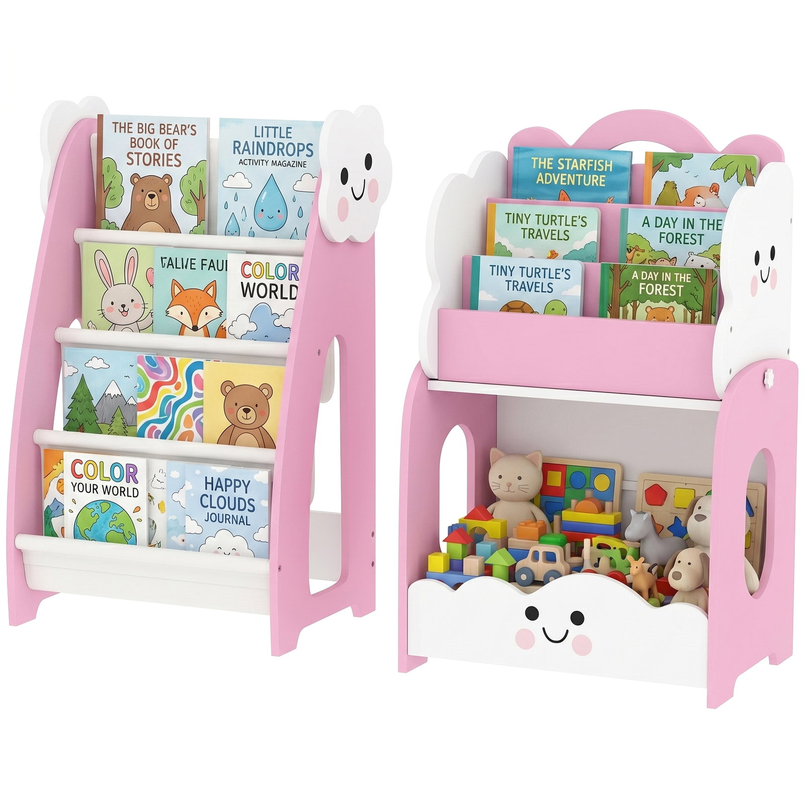 Estante infantil 3-em-1, 4 compartimentos, 3 prateleiras, mesa de cabeceira para quarto, rosa.