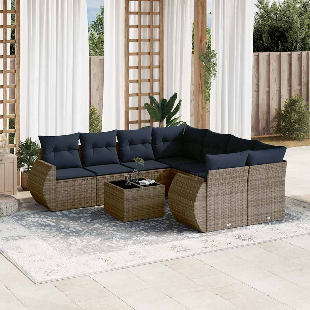 Conjunto de sofá de jardim de 9 peças com almofadas em rattan sintético cinza