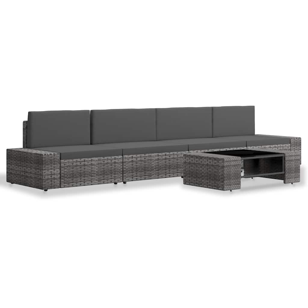 5 Pcs conjunto lounge de jardim vime PE cinzento