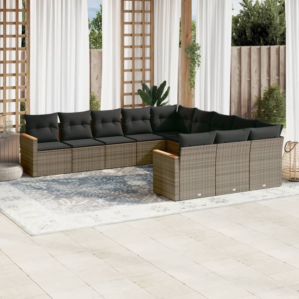 11 Pcs conjunto sofás de jardim c/ almofadões vime PE cinzento