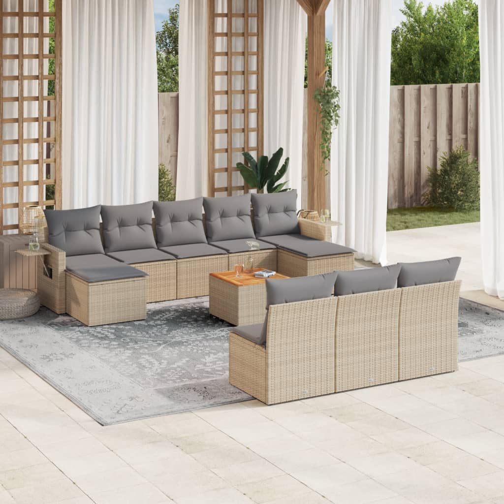 11 Pcs conjunto sofás de jardim c/ almofadões vime PE bege