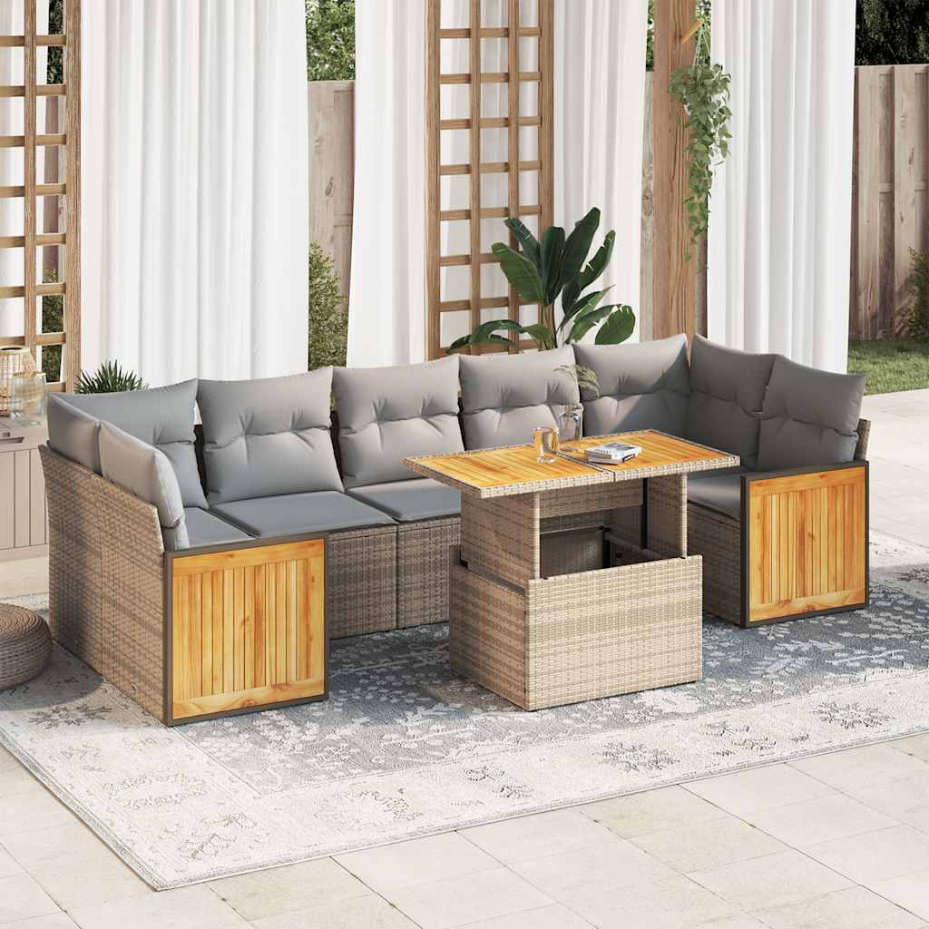 8 Pcs conjunto sofás jardim com almofadões vime PE/acácia bege