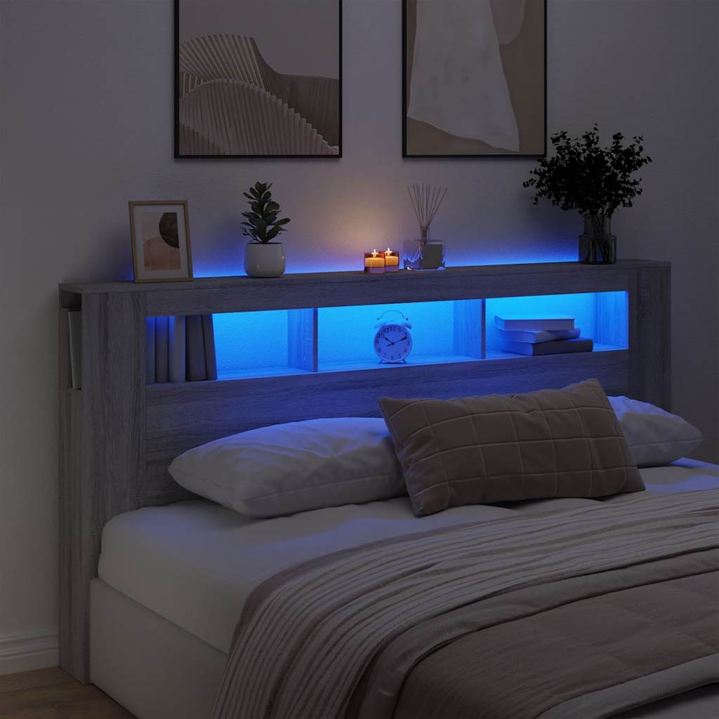Cabeceira c/ leds 200x18,5x103,5 cm deriv. madeira cinza sonoma