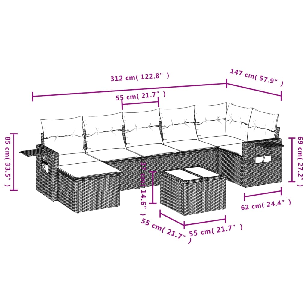 8 Pcs conjunto de sofás p/ jardim com almofadões vime PE bege