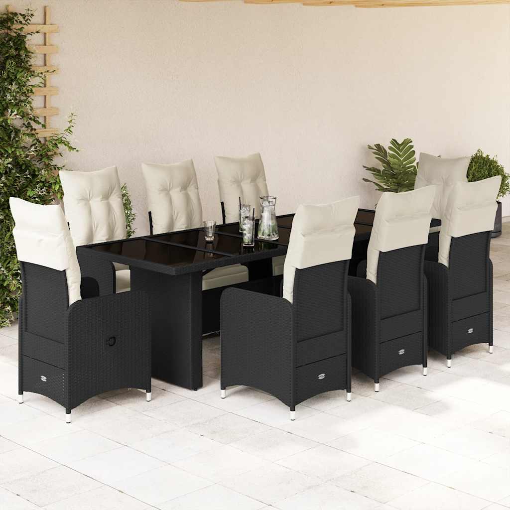 9 Pcs conjunto de bistrô p/ jardim c/ almofadões vime PE preto