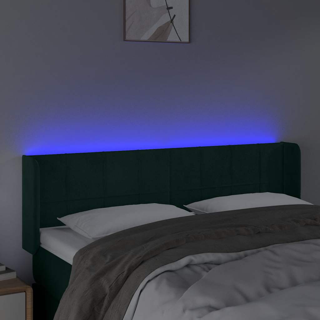 Cabeceira cama c/ luzes LED veludo 147x16x78/88 cm verde-escuro