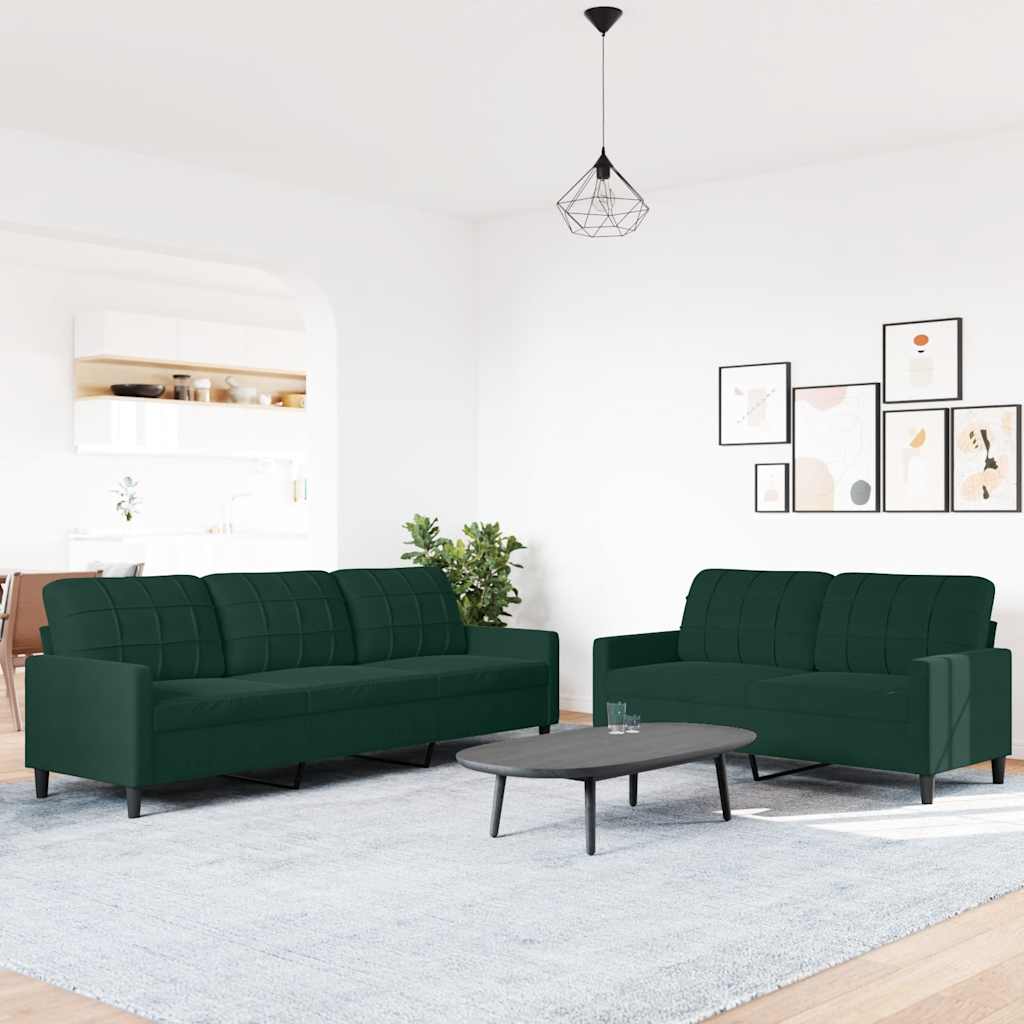 2 Pcs conjunto de sofás com almofadões veludo verde-escuro