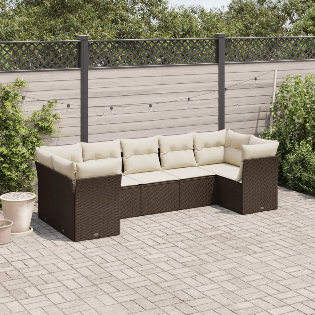 7 Pcs conjunto de sofás jardim c/ almofadões vime PE castanho