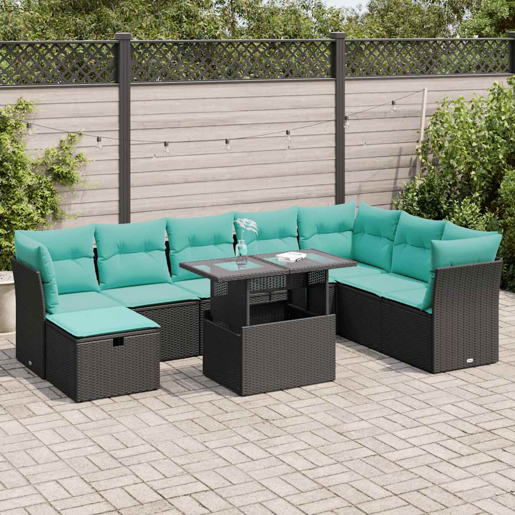 9 Pcs conjunto sofás p/ jardim almofadões vime PE/acácia preto
