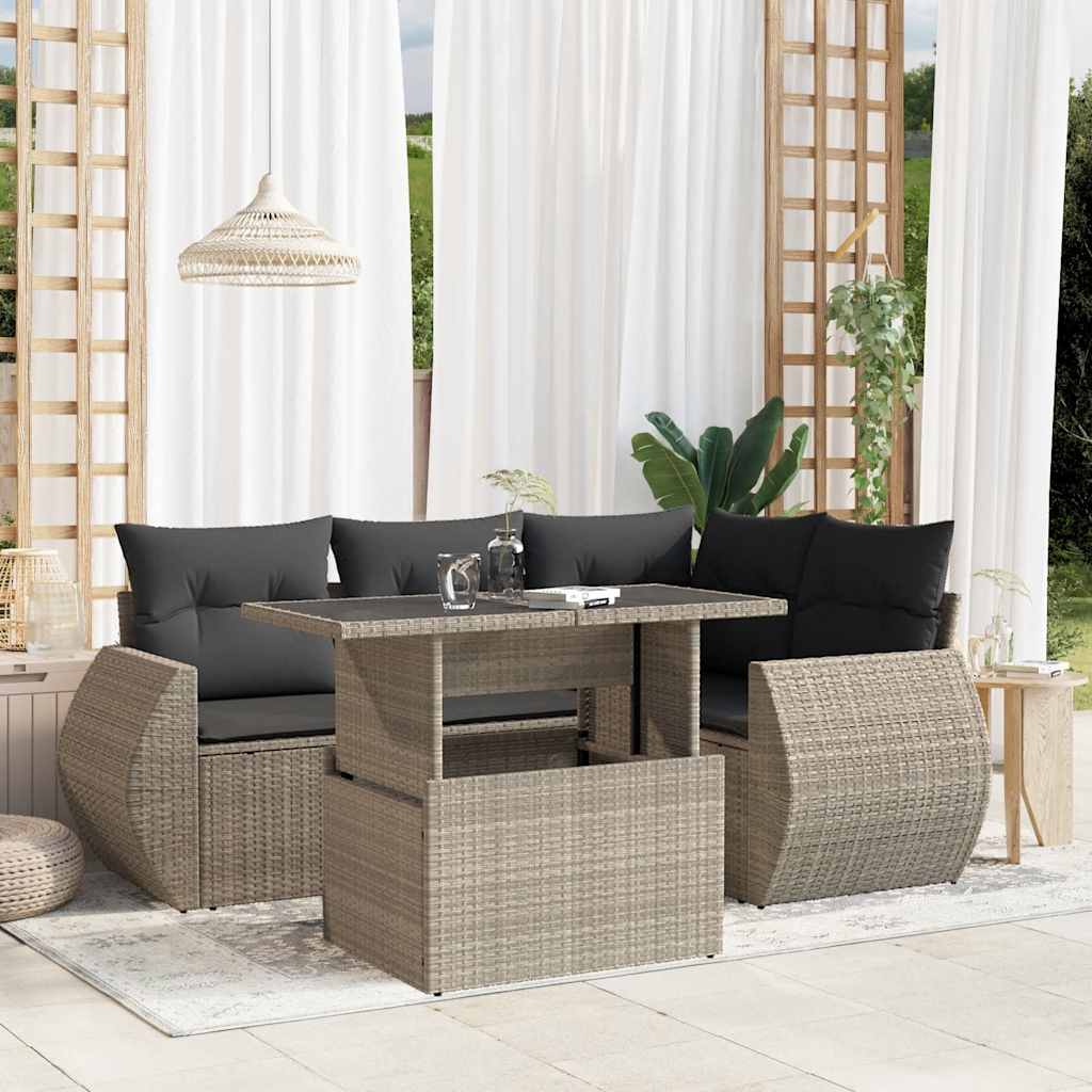 5 Pcs conj. sofás jardim c/ almofadões vime PE cinzento-claro