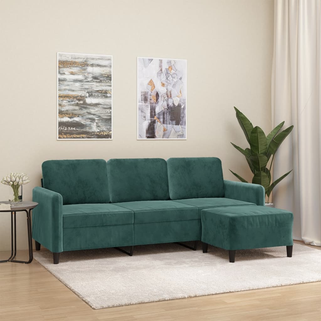 Sofá de 3 lugares com apoio de pés 180 cm veludo verde-escuro
