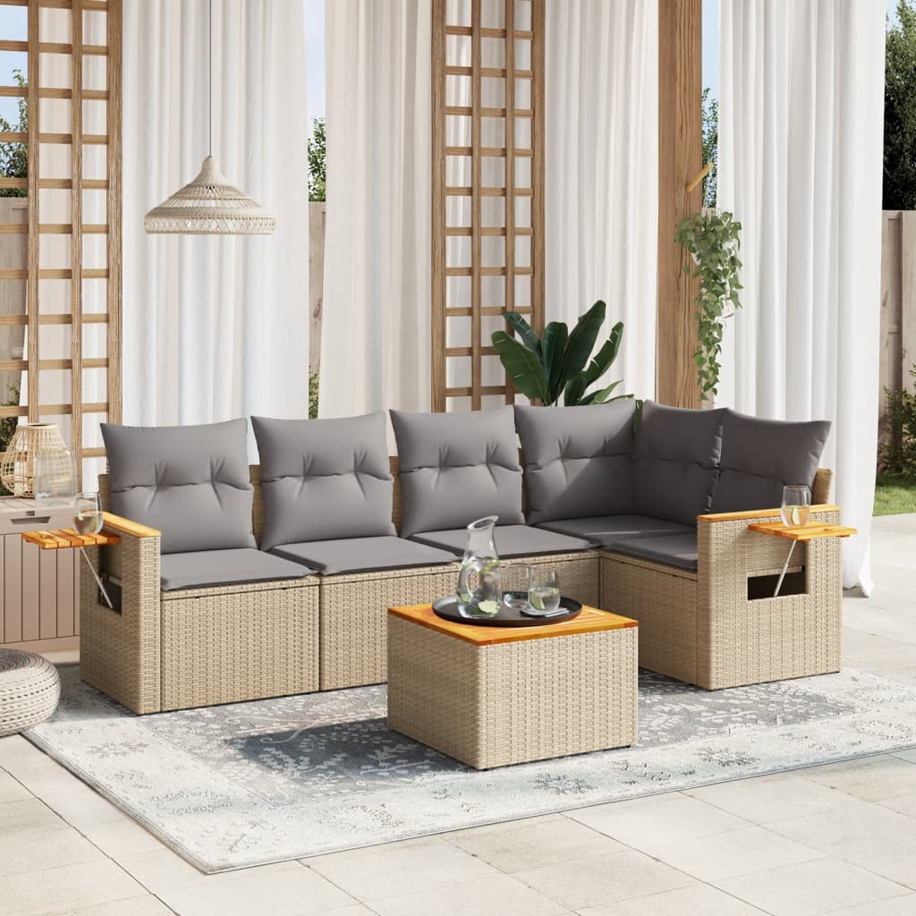 6 Pcs conjunto de sofás p/ jardim com almofadões vime PE bege