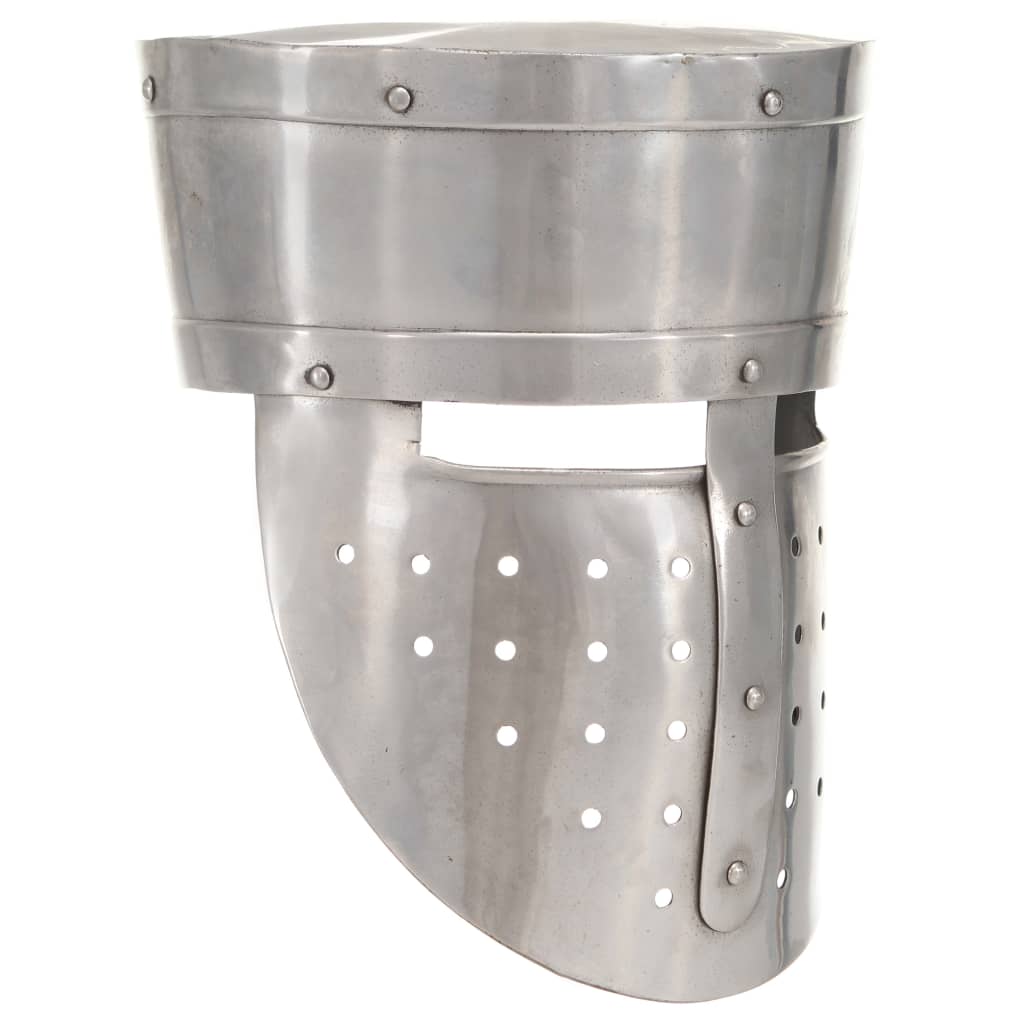 Capacete de cavaleiro medieval réplica larp aço prateado