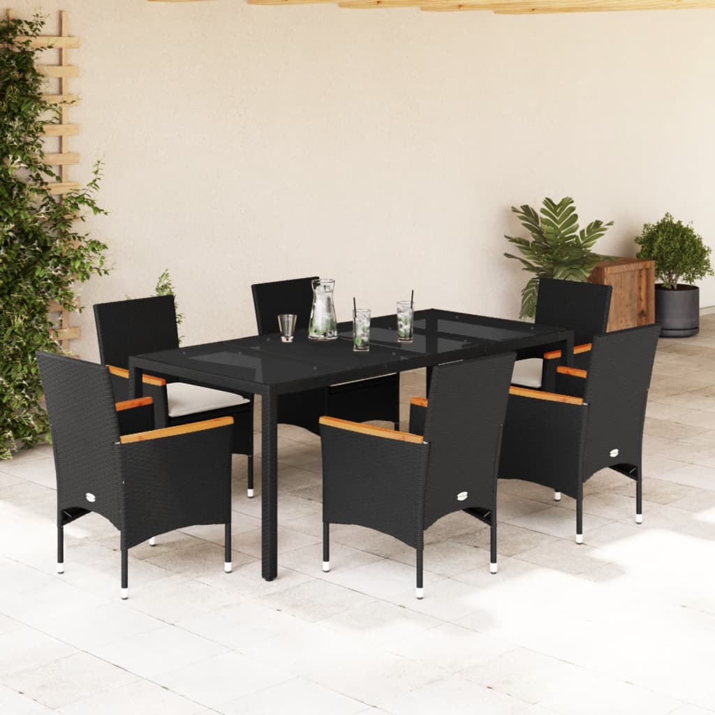 7 Pcs conjunto jantar jardim c/almofadões vime PE/vidro preto