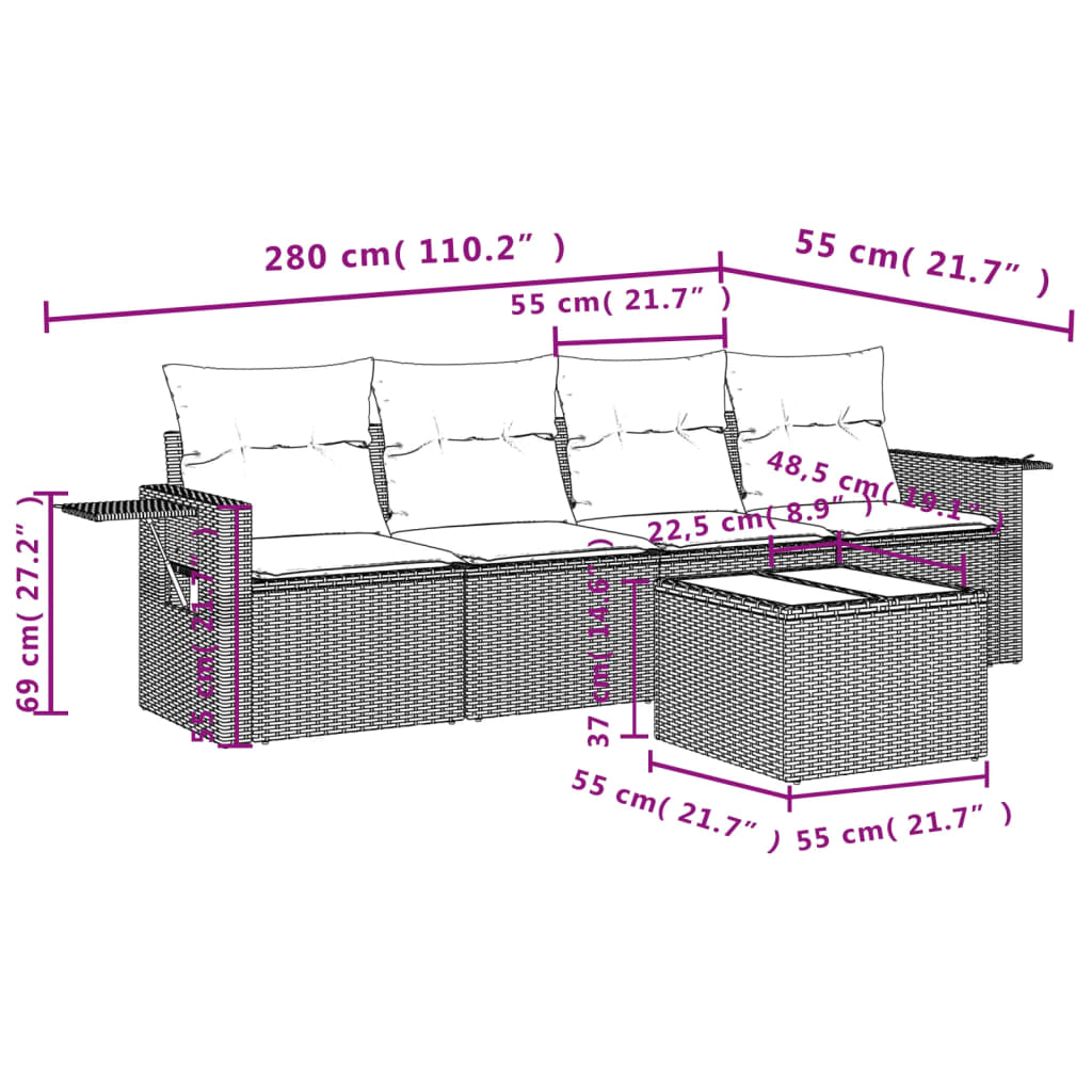 5 Pcs conjunto sofás de jardim com almofadões vime PE preto