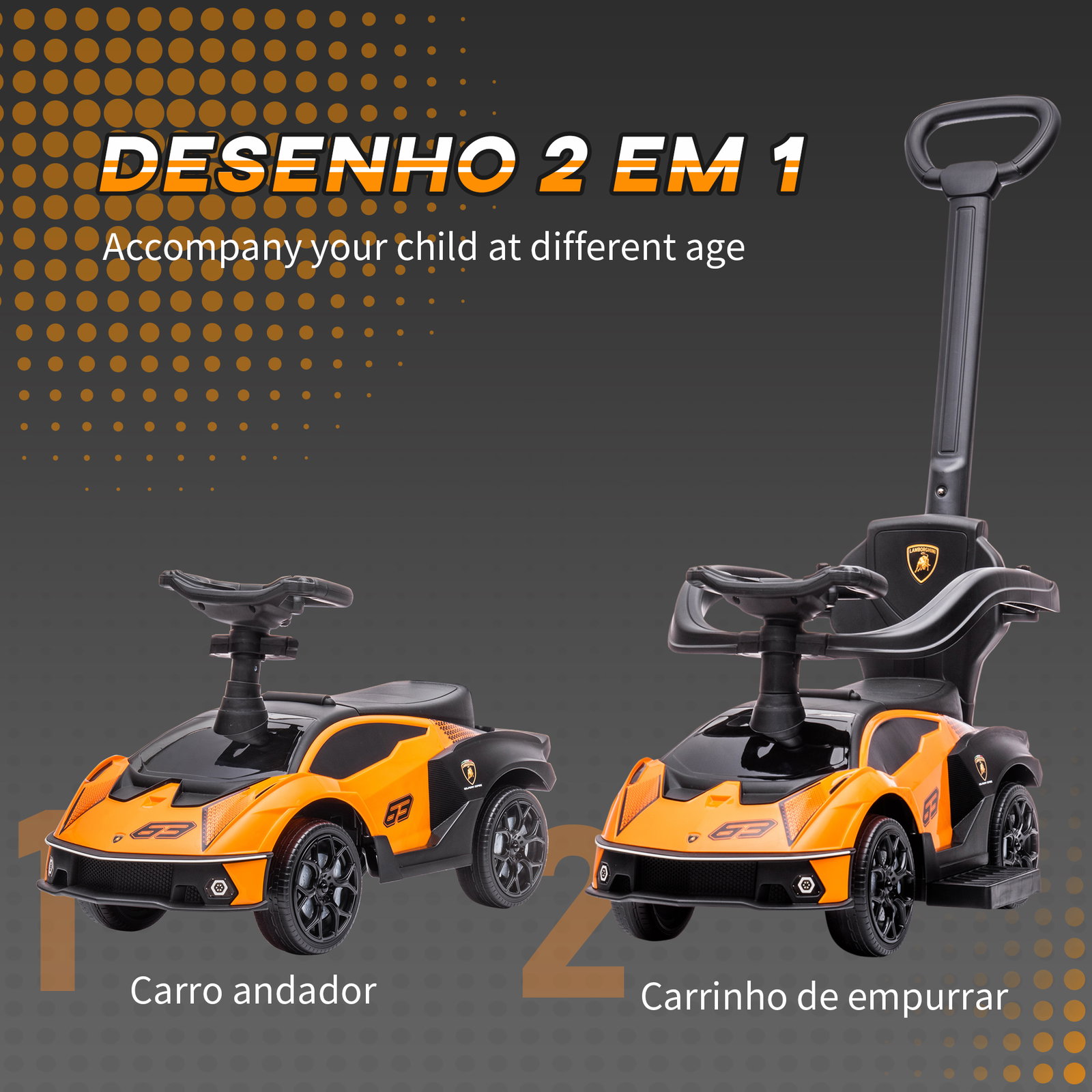 Carro andador lamborghini essenza scv2 carro andador com buzina guiador e grade de segurança 86,5x40x89,5cm laranja