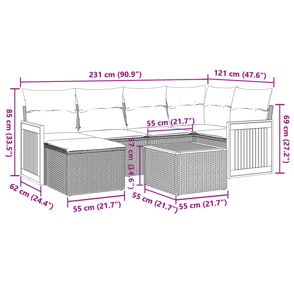 7 Pcs conjunto de sofás p/ jardim c/ almofadões vime PE preto