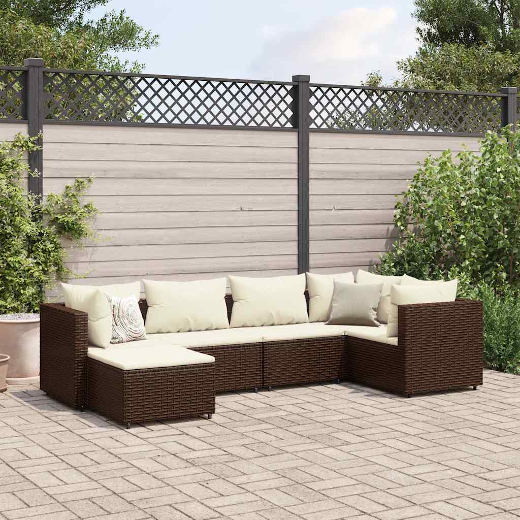 6 Pcs conj. lounge jardim c/ almofadões 6 pcs vime PE castanho