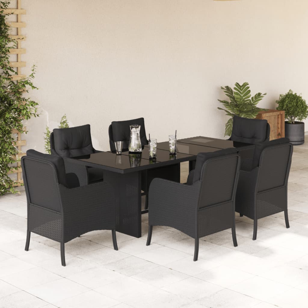 7 Pcs conjunto de jantar p/ jardim c/ almofadões vime PE preto